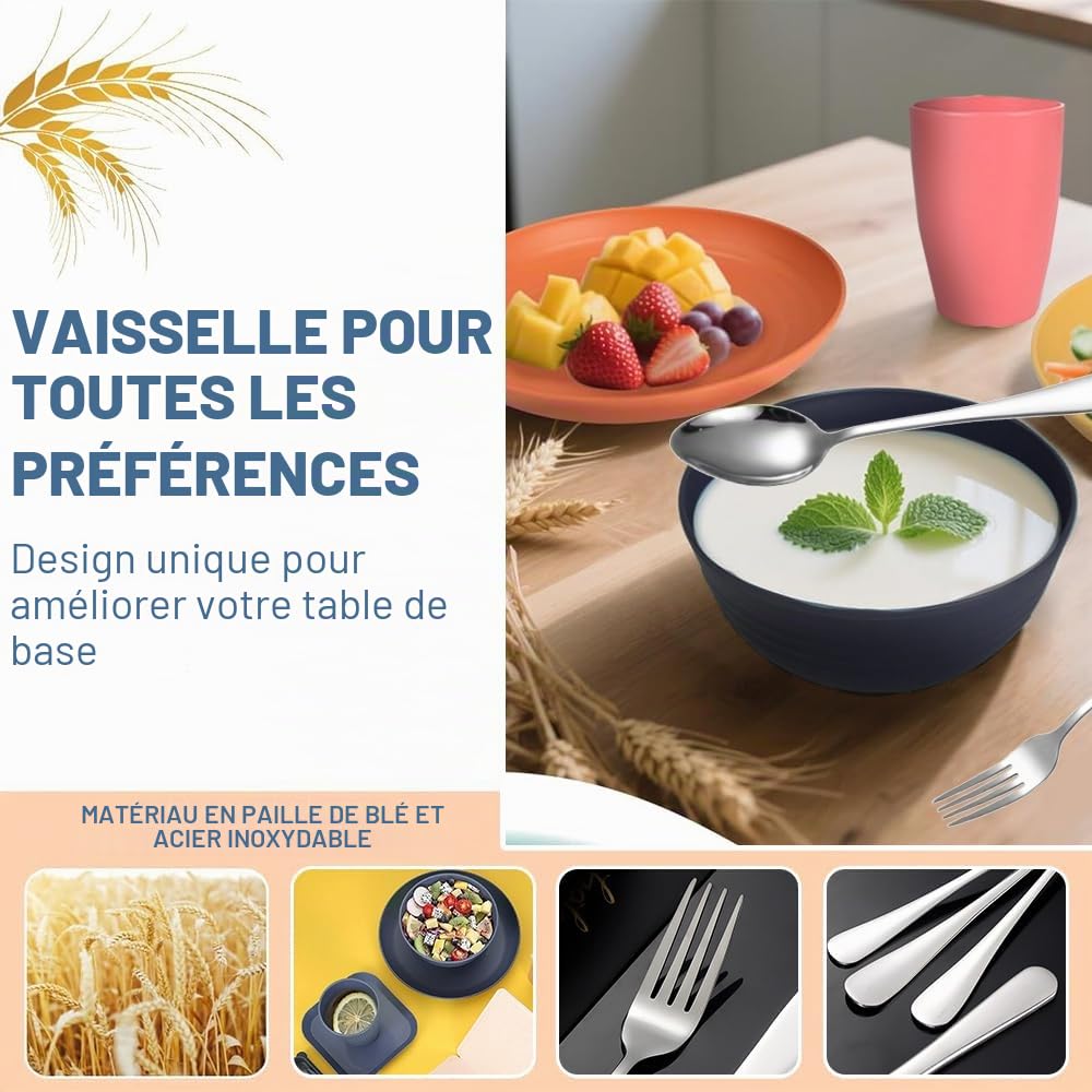 Kit Vaisselle Camping,Assiette Plastique Reutilisable,pour 4 Personnes Vaisselle Camping Car,Set Pique Nique de 40 Pièces,Bols, Couverts,Assiettes et Tasses pour Pique-, en Plein Air