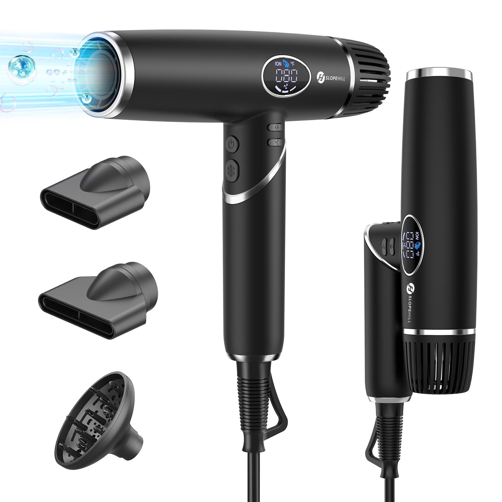 Asciugacapelli Professionale, Slopehill Phon da viaggio Ioni Ultraleggero Brushless 110,000RPM, Asciugatura Rapida/Diffusore Magnetico/Display LCD Per La Casa, Il Salone e i Viaggi (Nero)