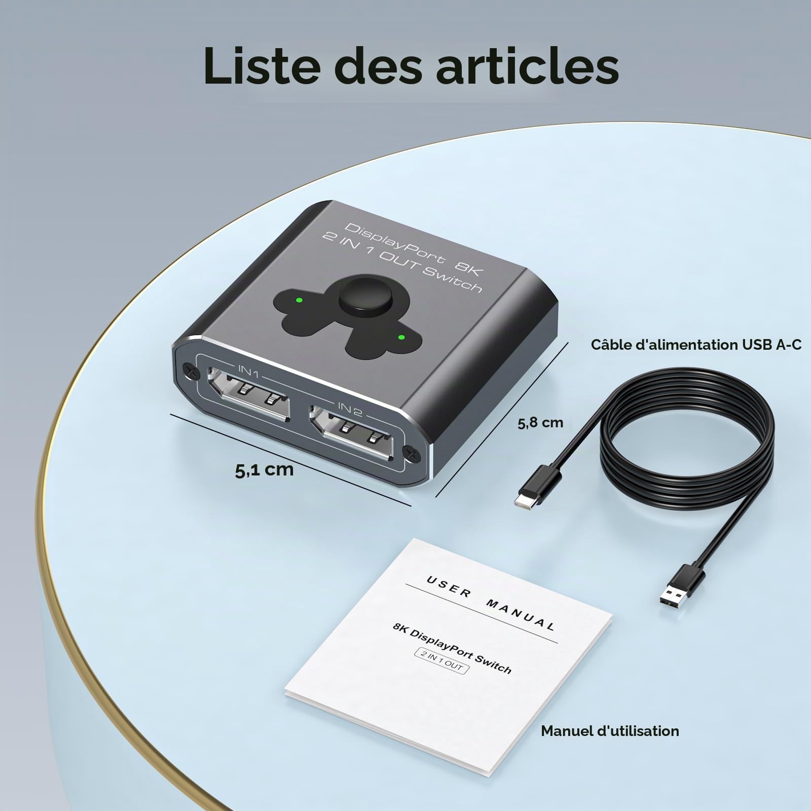 Switch Displayport 2 Entrées 1 Sortie 4K144Hz 8K60Hz Commutateur DP 2 In 1 Out Switch DP 1.4 Compatible TV, Moniteurs, Ordinateurs Portables, Projecteurs, Etc