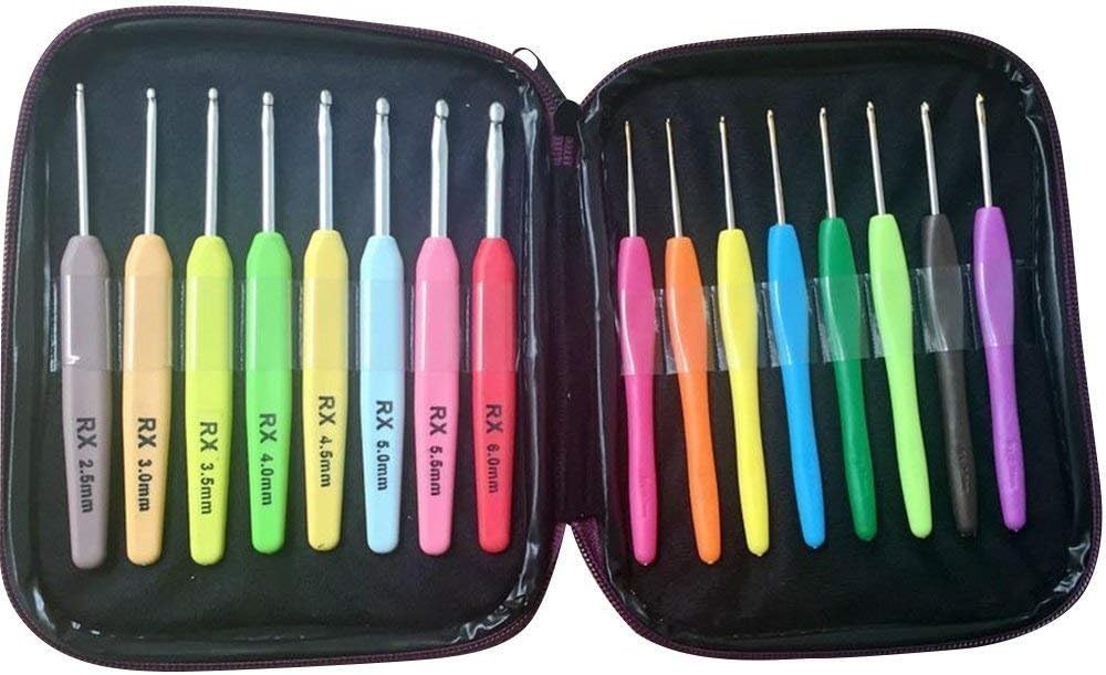 JISTL Crochet Hooks Set,Crochet Hooks Knitting Needles,Eye Blunt Needles Crochet Needles Set with Case,Ergonomic Handle Colorful Plastic Handles Knitting Needles Weave Yarn Case 16