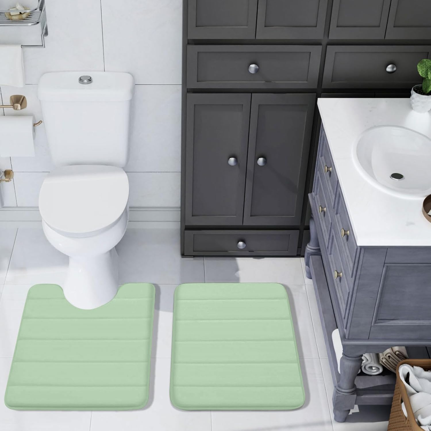 Buganda Bathroom Mat Set, 2 Piece Memory Foam Bath Mat and U-Shaped Toilet Rug, Machine Wash Dry, Soft Non Slip Absorbent Bath Rug for Bathroom, Shower and Tub (24" x 16"+24" x 20",Sage Green)