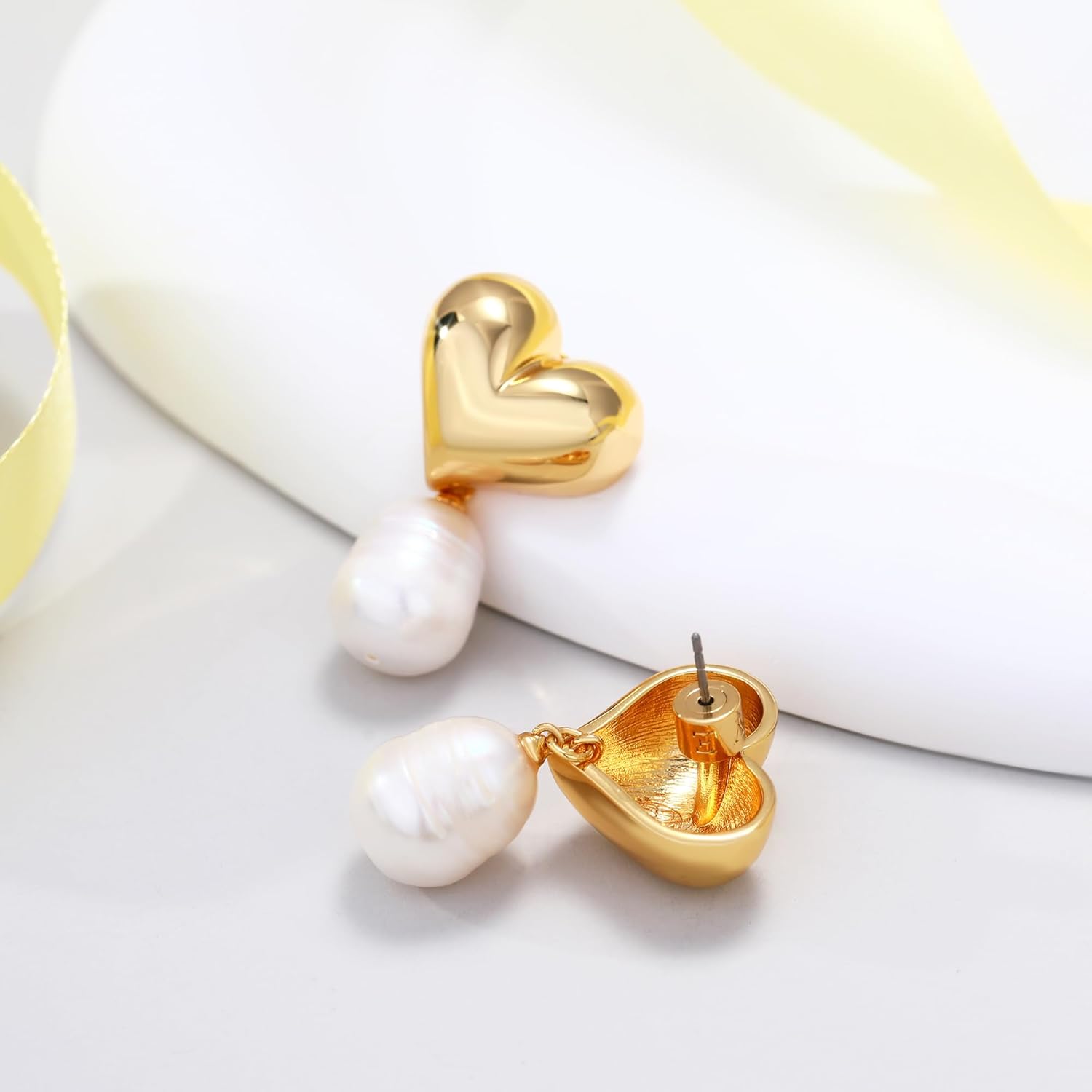 EVEYE 18k Gold Plated Heart Hoop Earrings for Women Freshwater Pearl Earrings Drop Dangle Earrings 3D Dangle Drop Earrings Pearl Drop Dome Heart Stud Jewelry Gifts