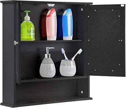Taylor & Brown Double Door Mirrored Bathroom Cabinet Storage Cupboard Organiser Wall Mounted Mirror Cabinet with Adjustable Shelves, Black 56cm x 13cm x 58cm