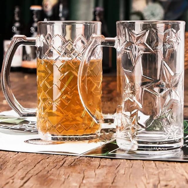 Image of PrimeWorld 500 ml Star Beer Set of 2 Pcs Strong Glass Mug with Handle, Steins, Freezable Beer Glasses,Everyday Drinking Glasses, Cocktail Glasses