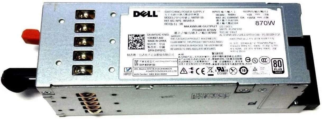 Genuine 870W Hot-Swap Server Power Supply Compatible with Dell N870P-S0 VT6G4 YFG1C 7NVX8 PT164 3257W NPS-885AB-A Fits PowerEdge R710/T610 and PowerVault DL2100/NX3000 Servers