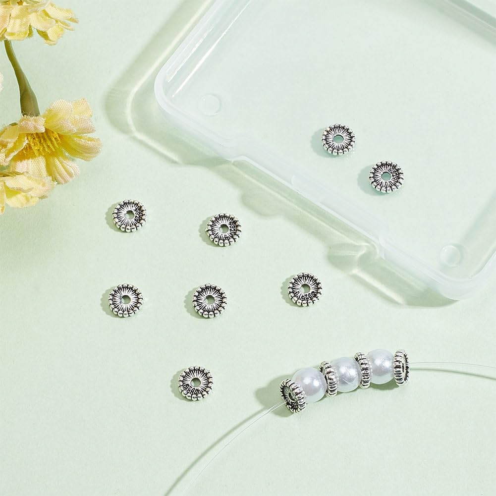 BENECREAT 12Pcs 925 Sterling Silver Tibetan Style Spacer Beads, 6mm Flat Round Spacer Beads Rondelle Sterling Coin Disc Loose Beads for Bracelet Necklace Jewelry Crafts Making