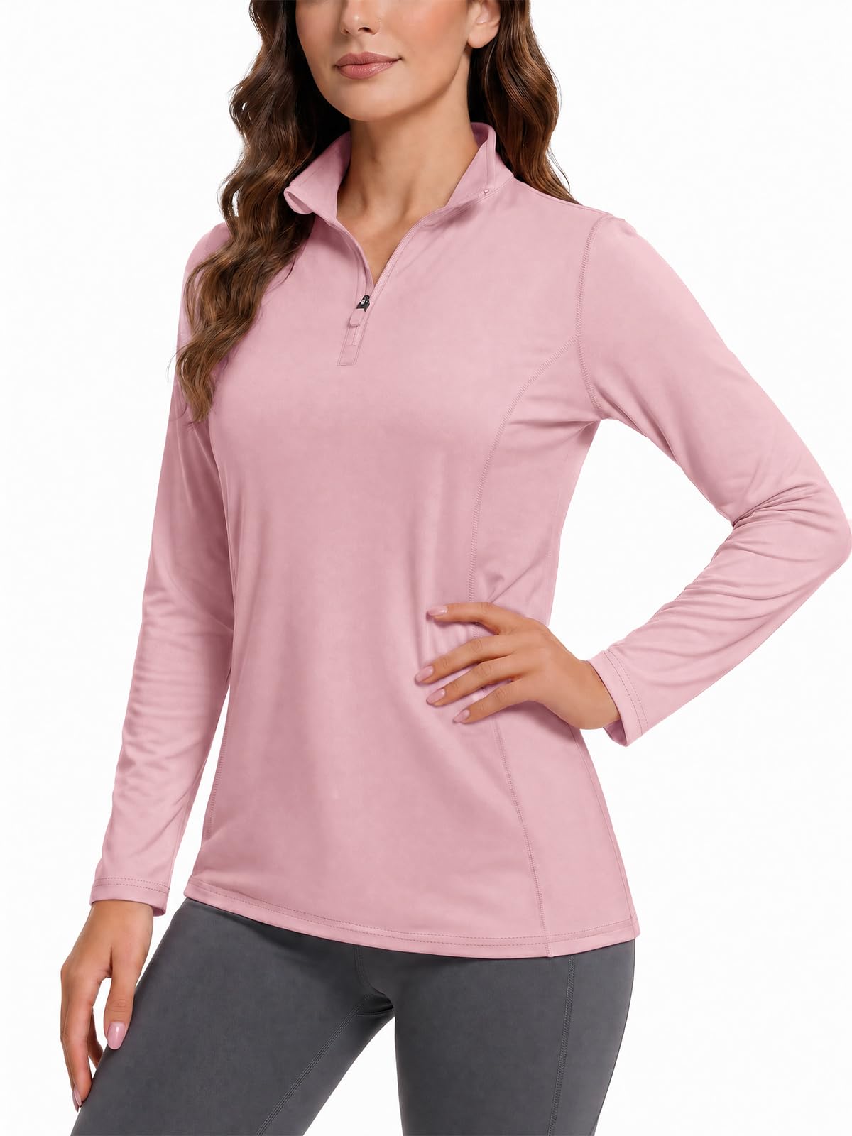 Fisoew Damen Sportshirt Langarm UV Shirt 1/4 Reißverschluss | UPF50+ Funktionsshirt ,UV Schutz,atmungsaktiv Schnelltrocknend Laufshirt ,ideal für Yoga,Tennis,Golf,Laufen und Fitness