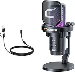 COMICA EJoy Uni Microfone USB Gamer RGB para PC/PS4/PS5/Mac, Microfone para Streaming, Podcast, YouTube, com Cancelamento de Ruído, Mudo e Controle de Ganho