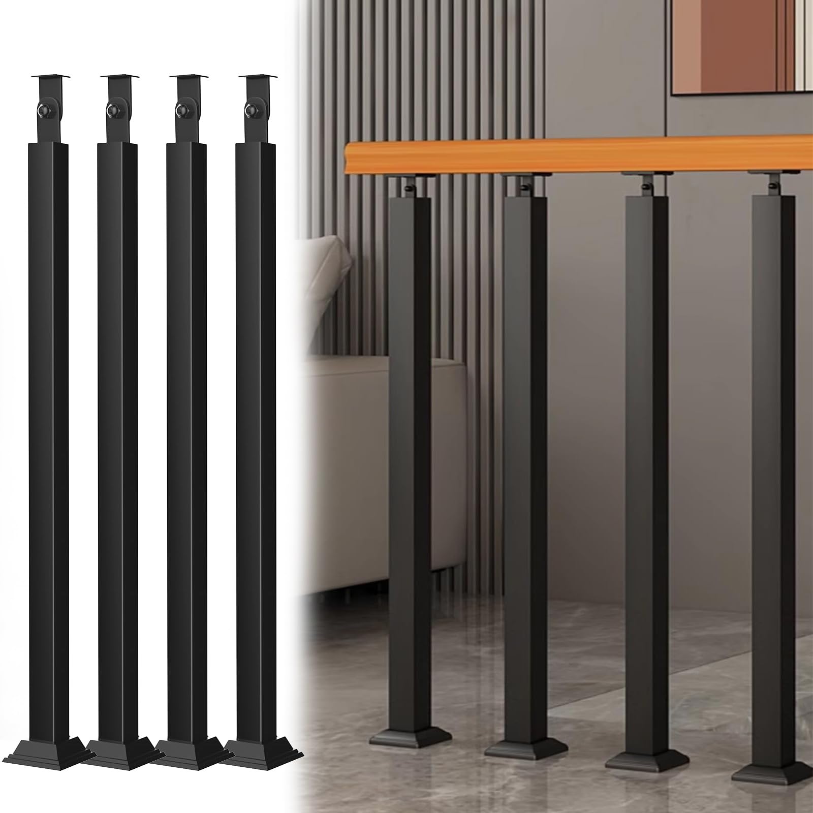 Poteaux de balustre d'escalier carrés en fer noir 105 cm pour rampe de terrasse et balcon extérieur