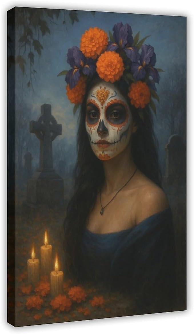 HEOVI Mexican Sugar Skull Woman Canvas Wall Art Print Poster For Home School Office Decor Frame-style 12x18inch(30x45cm)