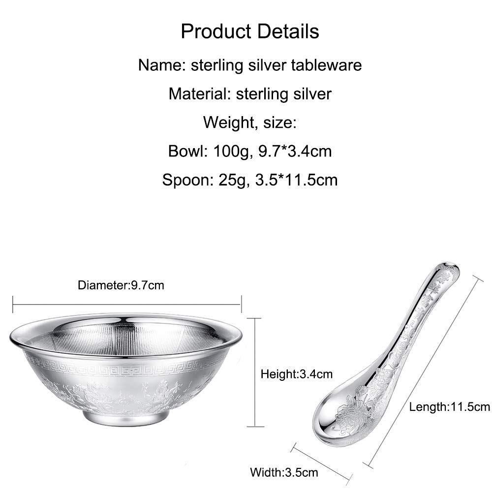 Bol à Grains en Argent Sterling, Bol à Soupe, Riz, Bol à Nouilles instantané, Bol de Dessert de la Salade, à la Main, modèle de Pivoine, approprié comme Cadeau