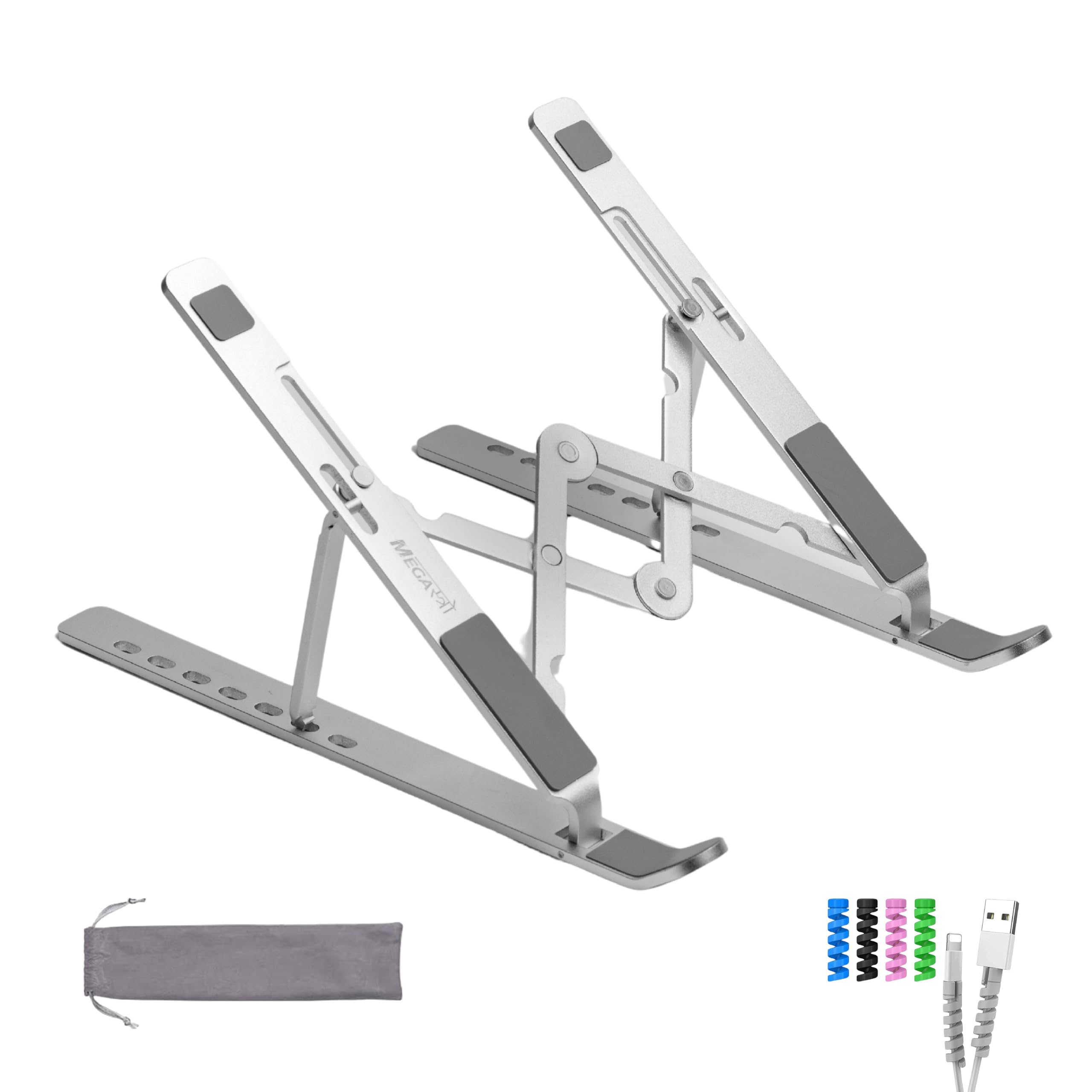 Laptop Stand for Desk with 7 Adjustable Angles, Aluminum Ergonomic Foldable Portable Compatible with All Brands 6-17.3 [with Pouch] [with Wire Protectors] (Metallic Silver)
