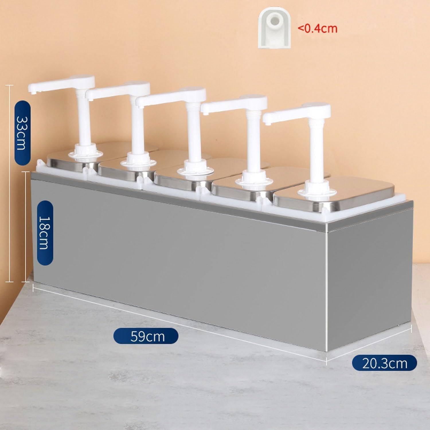 Distributore per Salse in Acciaio Inossidabile, Stazione Condimenti a 5 Pompe da 2L per Ristorante e Casa, Design Smontabile, Testa Rotante 360°, Base Antiscivolo e Tenuta Antigoccia