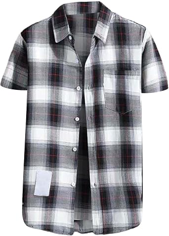 Mens Short Sleeve Button Down Shirts Cotton Plaid Regular Fit Mens Casual Button-Down Shirts with Pocket