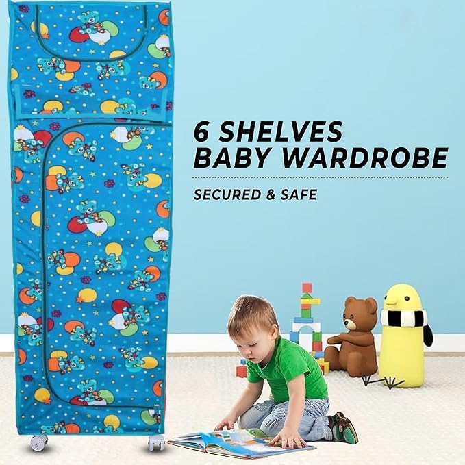 Image of HYSEYY Baby Wardrobe Plastic Kids Storage Rack with Fabric Cover & Wheels | 6-Tier Plastic Shelves Organizer | Toy, Book & Clothes Storage Cabinet for Kids Room (Turquise)