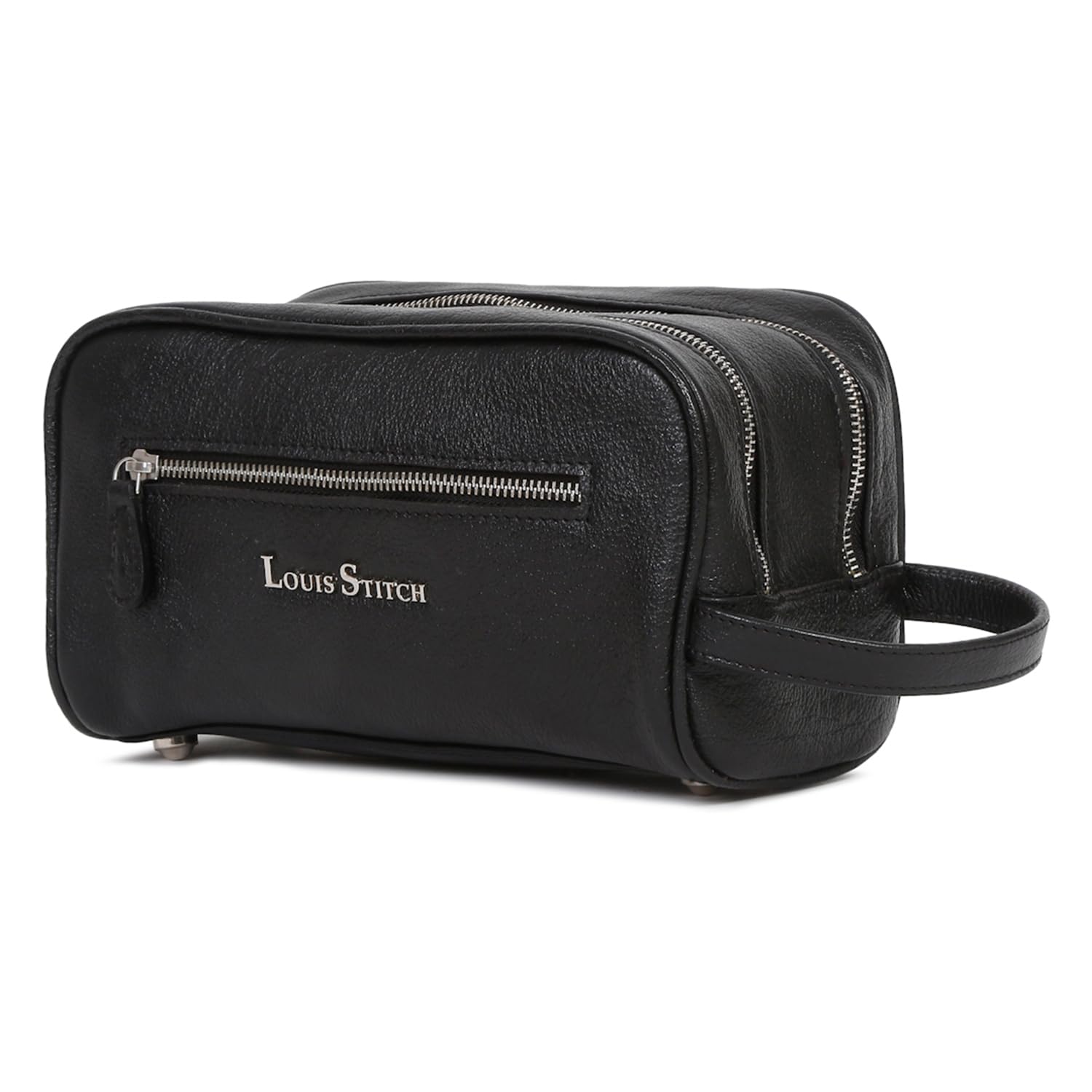 LOUIS STITCH Men's Jet Black Italian Shrunken Leather Toiletry Kit Travel Organizer Pouch with Multiple Compartments Grooming Shaving Toileteries Bag for Men (TK-DZ-JB-300)