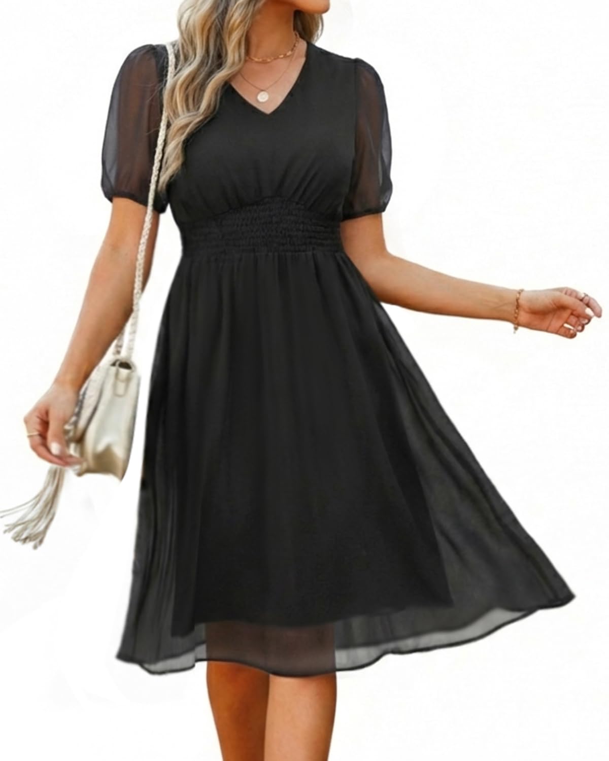 Holipick Women Summer Casual Dress Boho Floral V Neck Short Sleeves Smocked Waist Chiffon Swing Knee Length Dresses