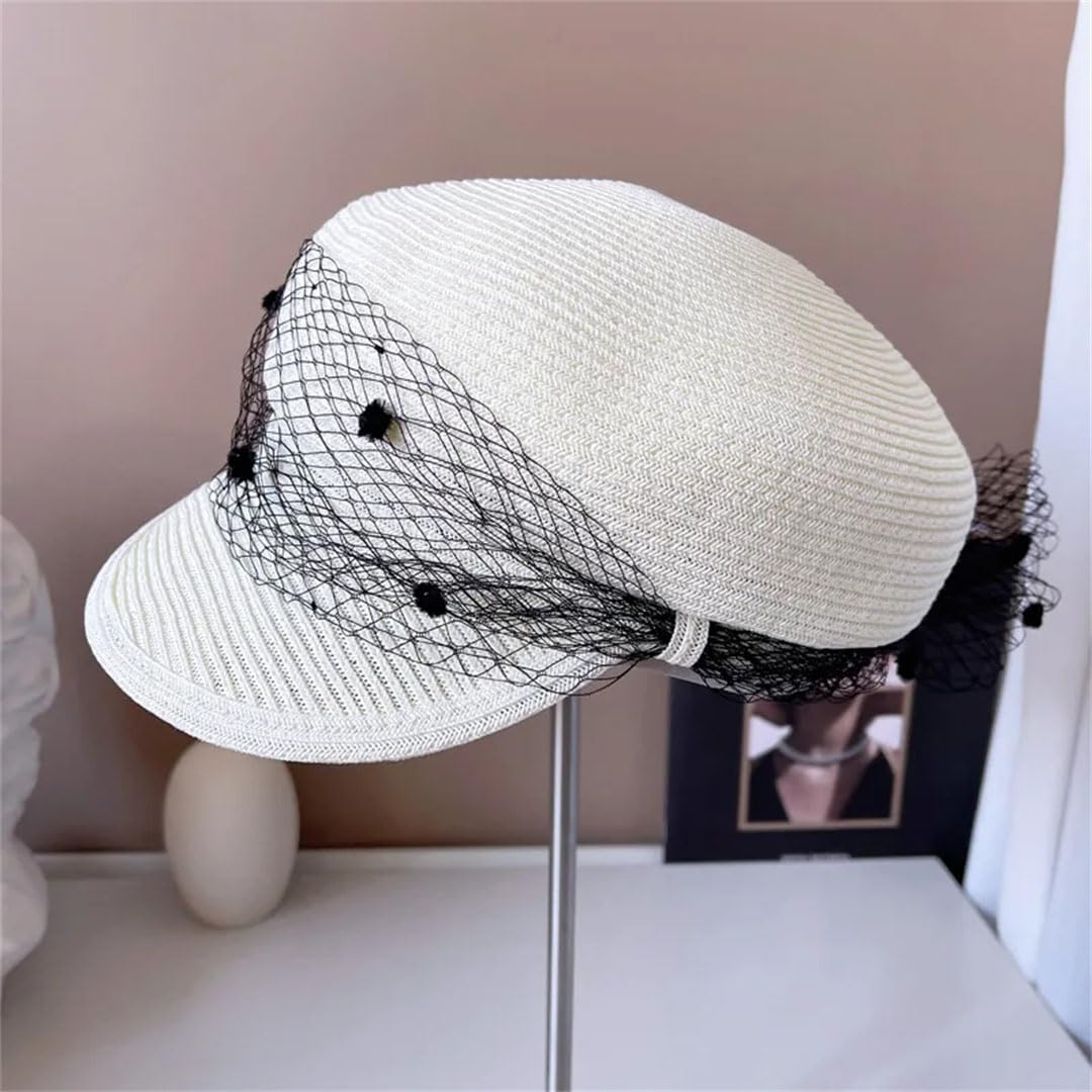 Cappello di paglia da donna in rete a pois per newsboy cappello da sole con visiera visiera curva cappello da spiaggia protezione solare