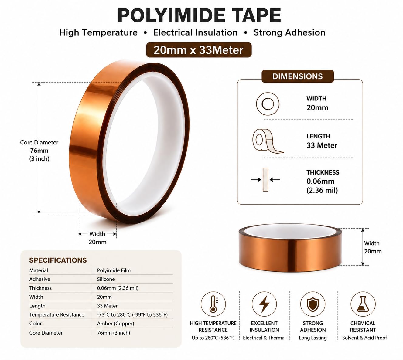 SCHOFIC Polyamide Heat Resistant High Temperature Kapton Tape/Masking Tape - W = 20 MM, L = 33 M (2, 20MM) 1