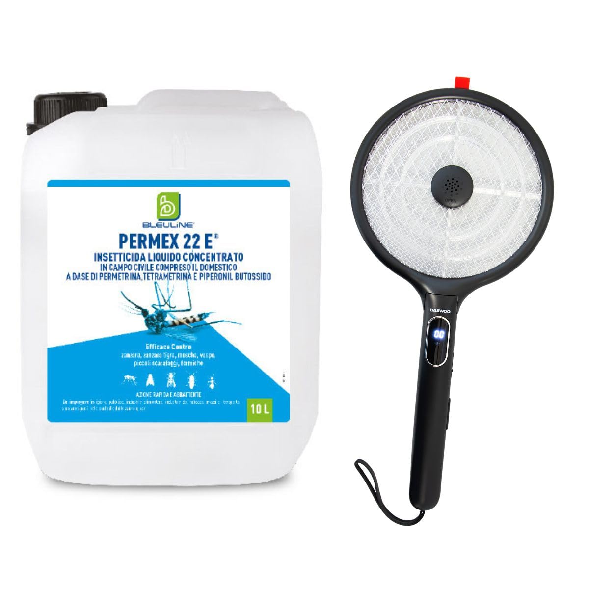 Permex 22E Insetticida 10 Litri per Zanzare, Mosche, Blatte e Insetti Striscianti + Racchetta Antizanzare DAEWOO (Nero) Omaggio