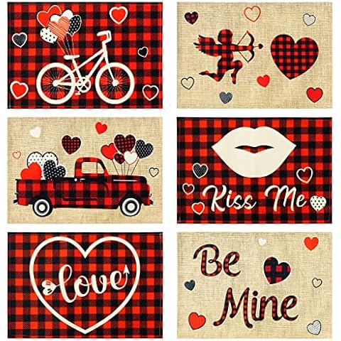 AwserTantue Valentine's Day Buffalo Plaid Placemats - 6Pcs Love Heart Truck Be Mine Kiss Me Table Mats Washable Place Mats for Valentine's Day Anniversary Wedding Holiday Kitchen Dining Table Decor Cover