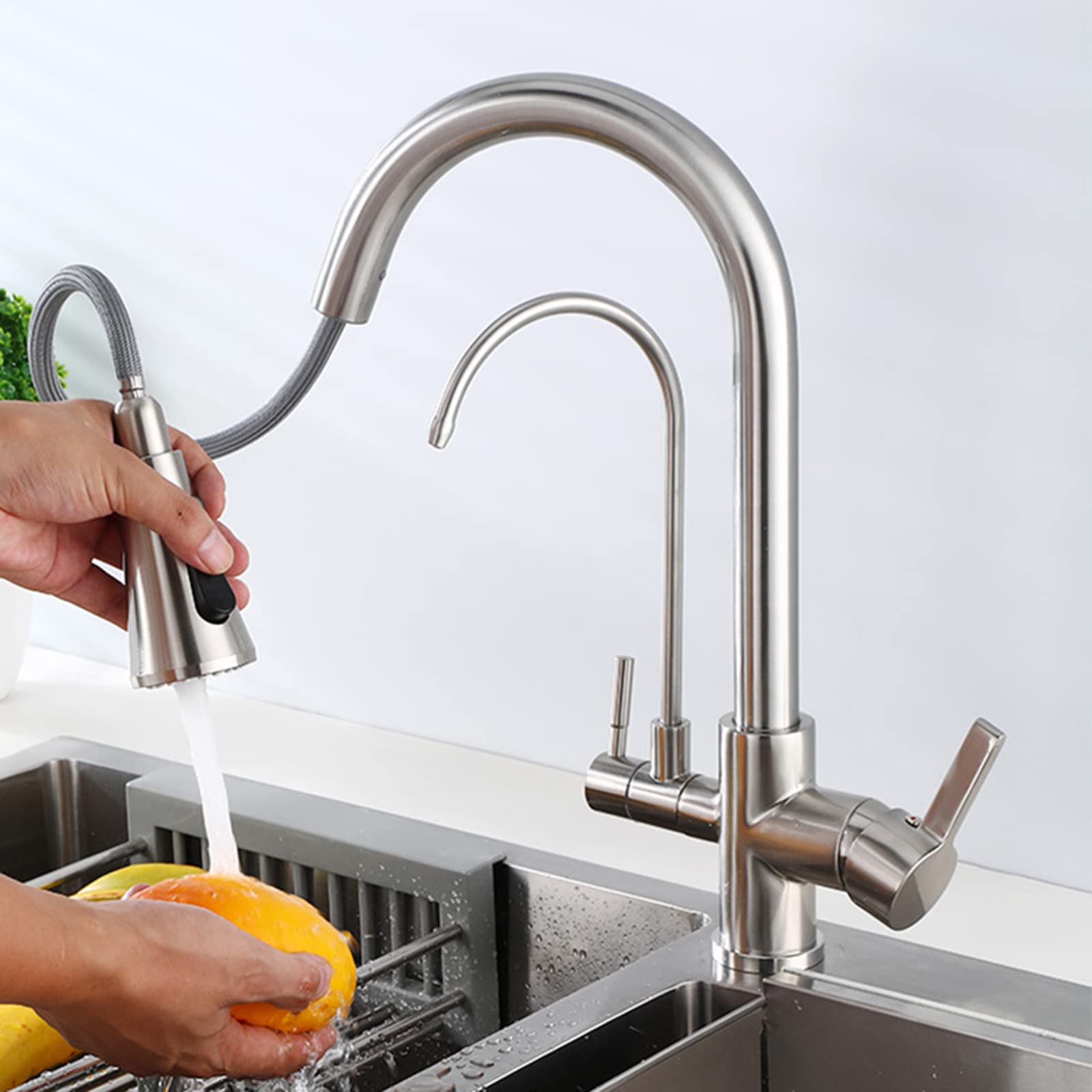 WDSOPK 3 way kitchen tap brass with pull out spray multifunction kitchen water purifier faucet brushed c (A A)