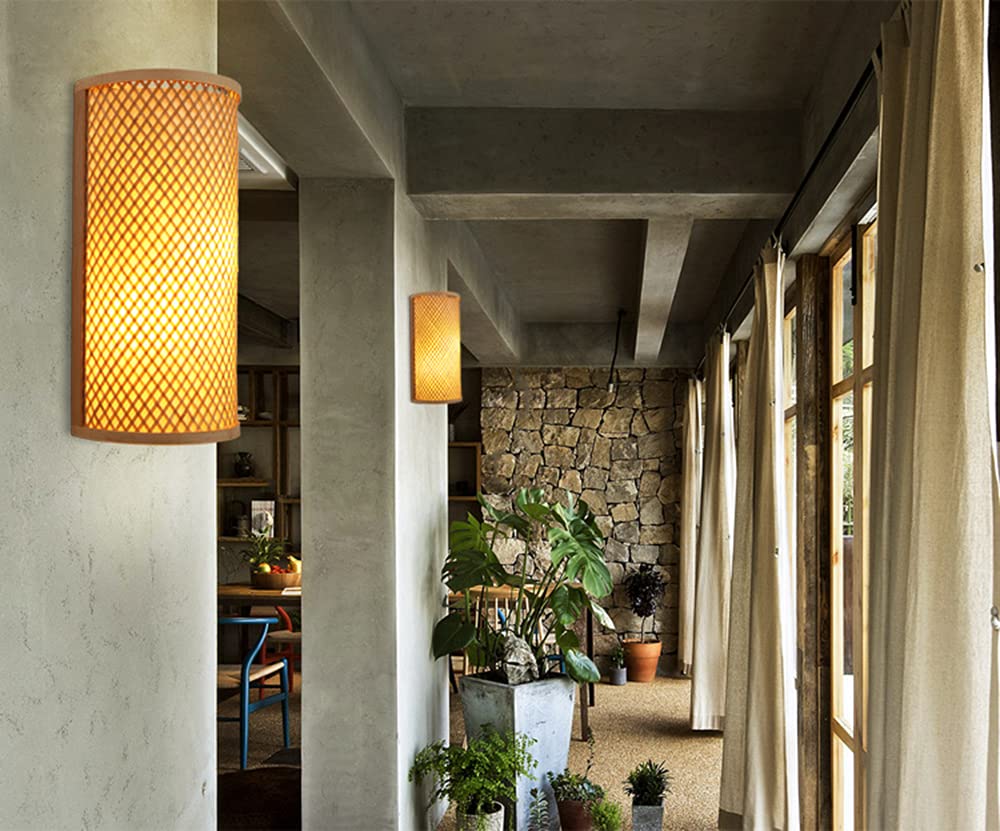 MIXL- Elegant 2-Light Bamboo Wall Sconces Corridor Bamboo Light Cylinder Shaped Wall lamp Vintage Wall Light Fixtures in Beige