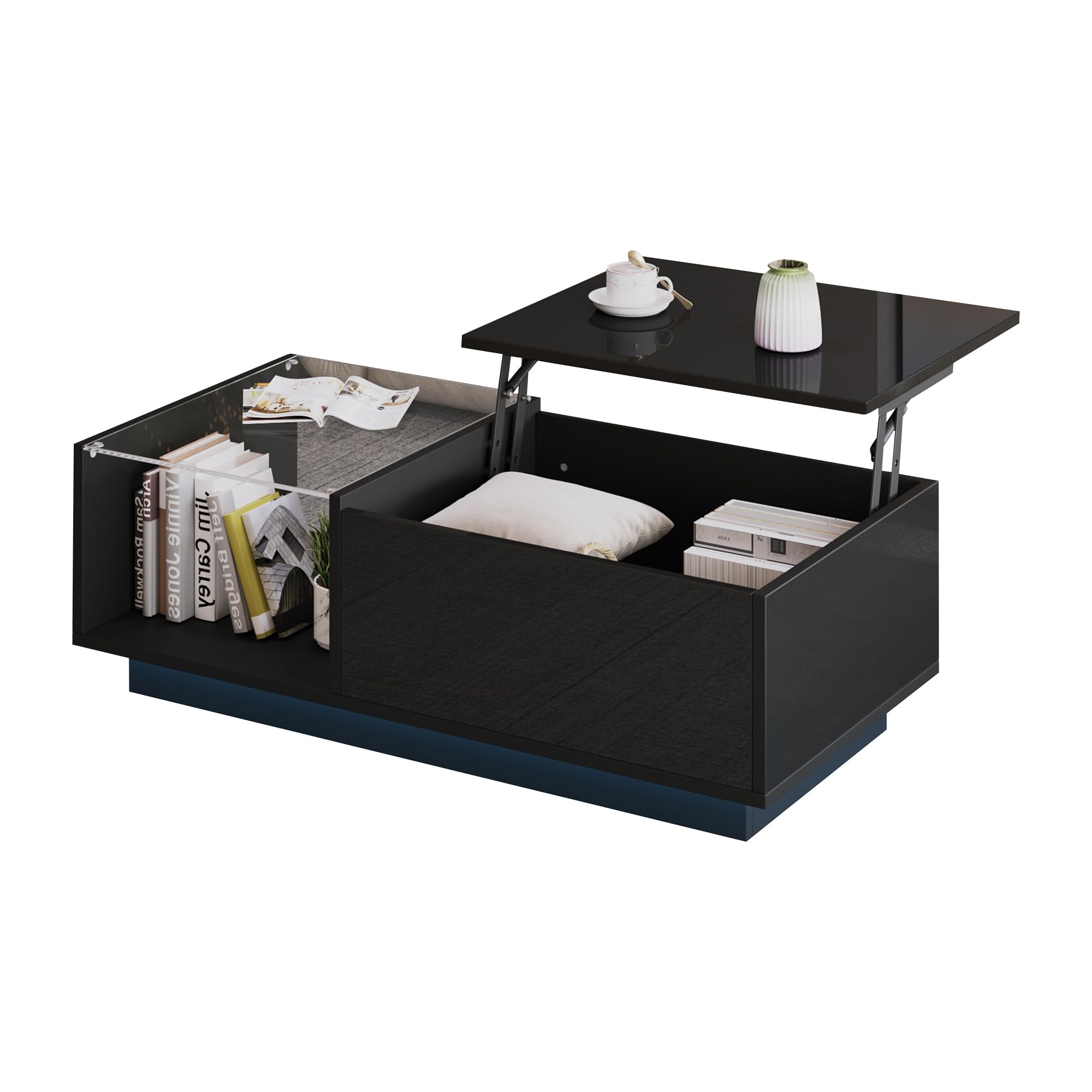 okwish Couchtisch Höhenverstellbar mit LED & Stauraum, Schwarz Hochglanz