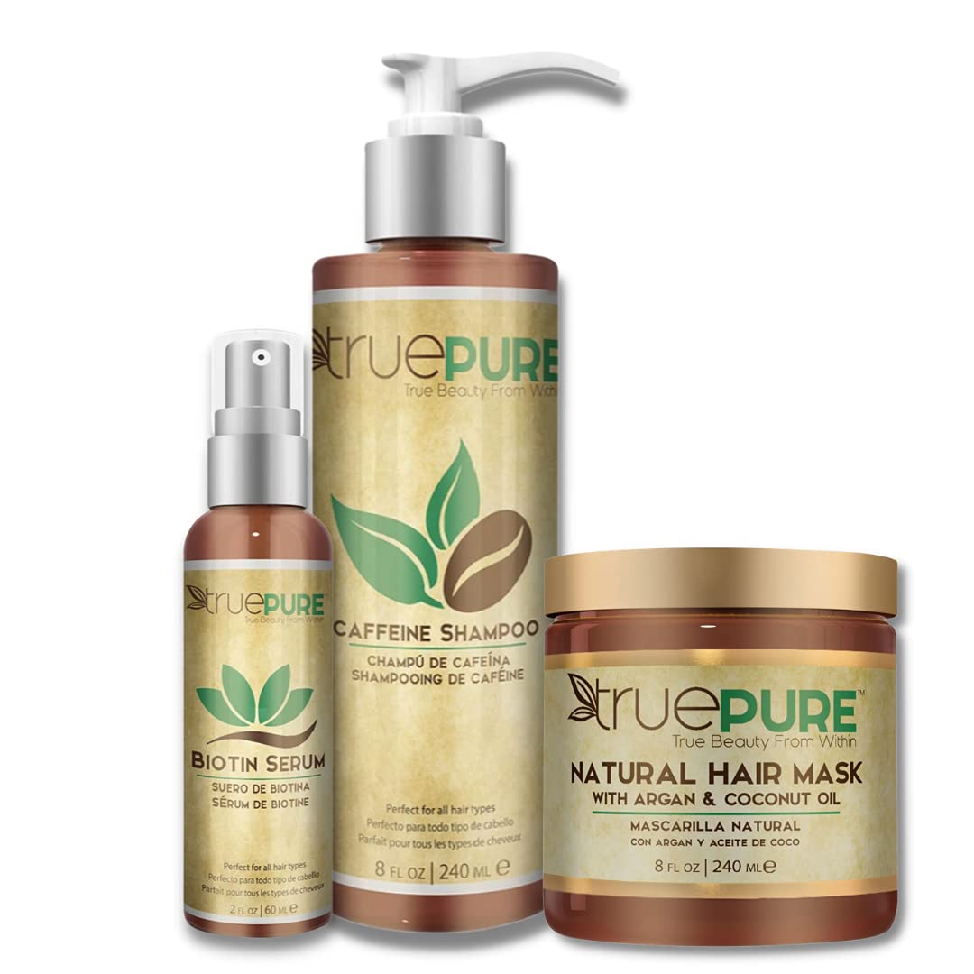 Hair Bundle - Biotin Hair Growth Serum 2oz + Caffeine Shampoo 8oz + Argan Oil Hair Mask Conditioner for Dry Damaged Hair 8oz