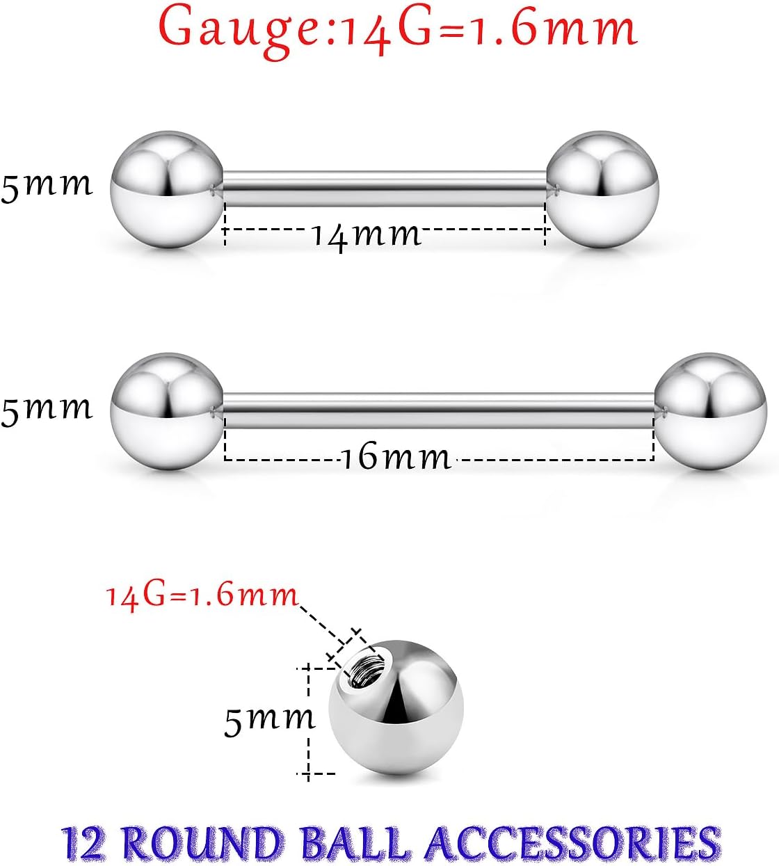 16G 14G Tongue Rings Nipple Rings Surgical Steel Tongue Piercing Jewelry Nipple Bar Straight Barbells Piercing Jewelry 14mm,16mm - Image 2