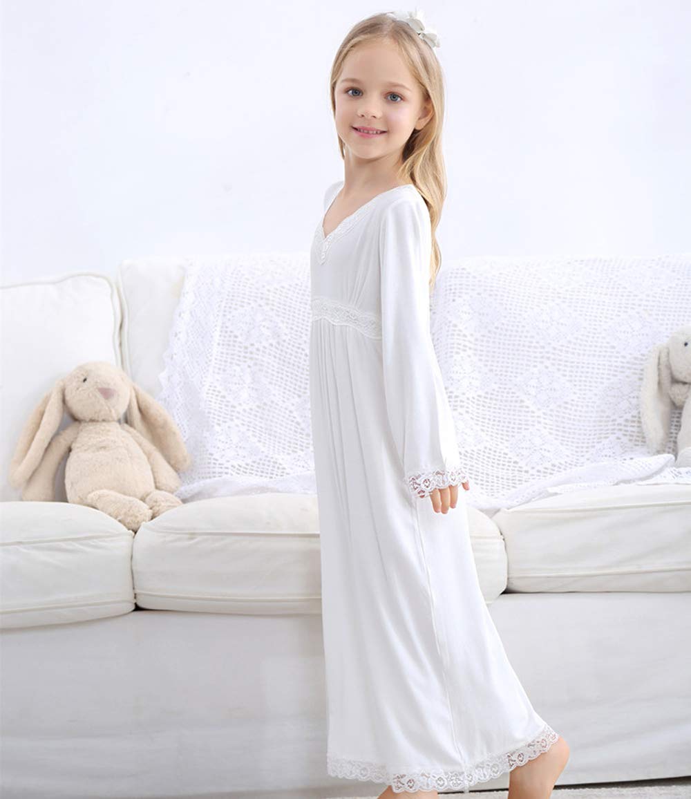 Chemise de Nuit Enfant，Pyjama pour Fille 3-13ans Robe de Nuit à Manches Longues en Dentelle en Coton pour Enfant
