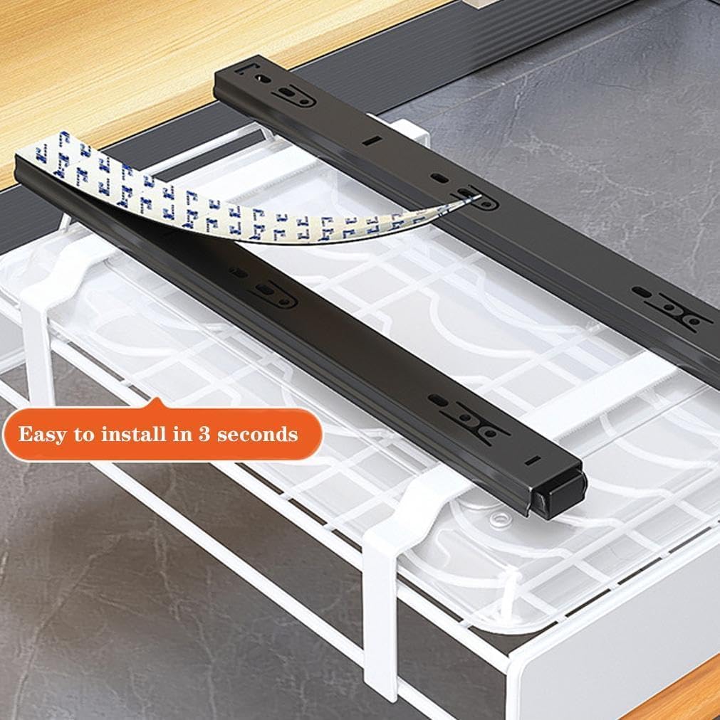 Telescopic Kitchen Drawer - No Drill Adhesive Slide-Out Storage for Cabinets, Expandable Storage Rack, Kitchen Accessory for Easy nization and Space-Saving