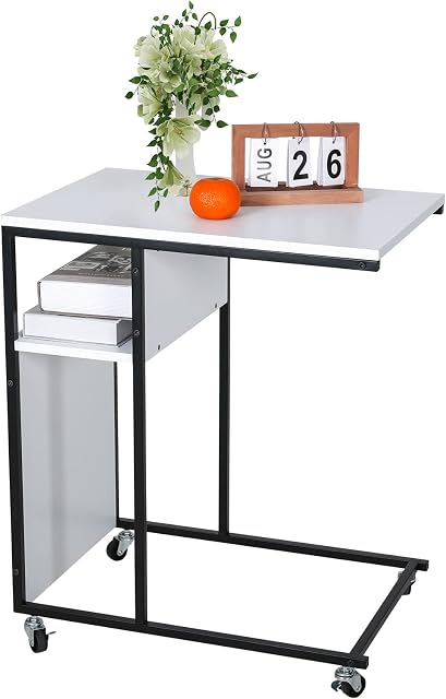 YOURLITE End Table with Rolling Casters, C Shaped Reversible Side Table with Wooden Shelf, Snack Side Table for Living Room, End Table for Sofa Couch and Bed, Metal Frame Nightstand White