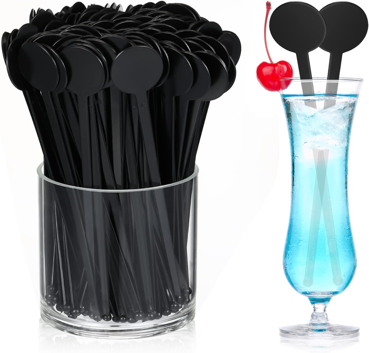 Mumufy 200 Pcs 7.3 Inch Cocktail Stirrers Black Drink Stirrers Disposable Swizzle Sticks for Drinks Plastic Disc Top Mixing Rod for Coffee Whiskey Beverage Bar