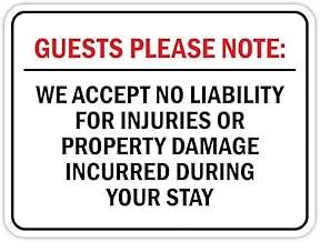 Classic Framed Plus Guests Please Note: We accept no liability for injuries or property damage incurred during your stay Wall or Door Sign | Disclaimer Waiver Notice - Medium