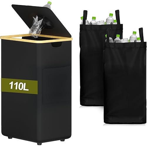 MinBoo Recycling Bin for Kitchen 29Gallon, 110L Recycle Bin with 2 Removeable and Reusable Inner Bag, Large Recycling bin with lid for Bottle Can Plastics Stickers (Black)