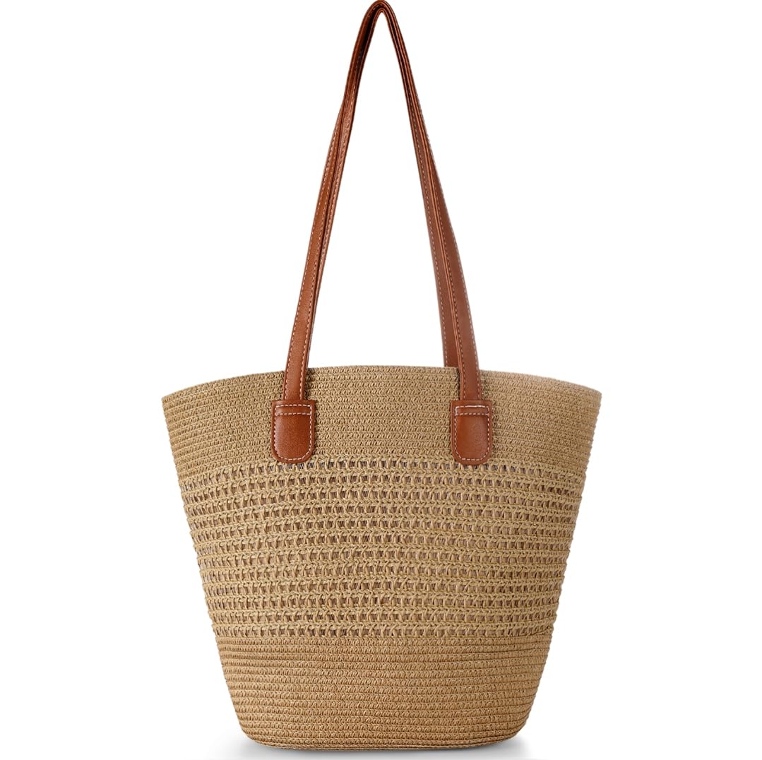 Trifabricy Beach Bags for Women, Large Woven Straw Tote Bags Waterproof Khaki E