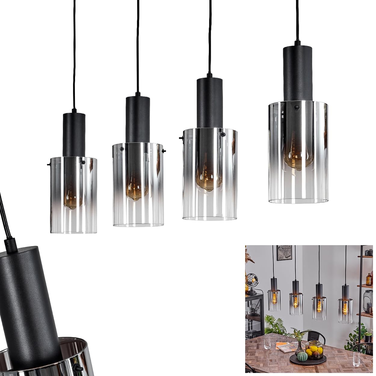 Pendelleuchte Sambour, Hängelampe aus Metall/Glas in Schwarz/Rauchfarben/Klar, Hängeleuchte im Retro/Vintage-Design mit Glasschirmen (Ø 12,5cm), 4-flammig, Höhe max. 140 cm, 4 x E27, ohne Leuchtmittel