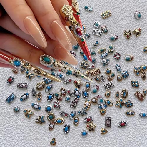 20Pcs Western Nail Charms Retro Metal Turquoise Nail Art Rhinestones