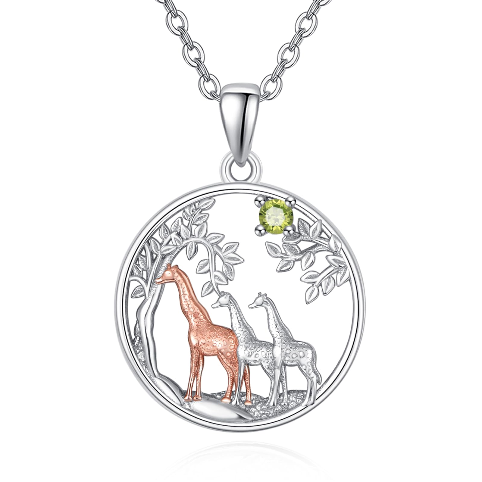 KINGWHYTE Girafe Gifts Collier girafe en argent sterling 925 mignon animal trois girafe or rose arbre généalogique girafe cadeaux pour femmes (août), Zircone cubique