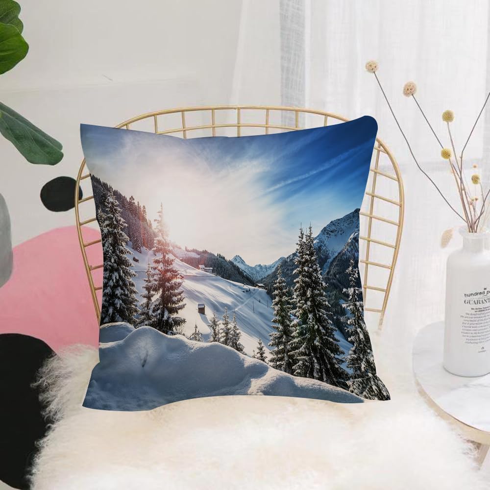 HYOSXW Cushion Cover,Throw Pillow Case Home Decorative for Living Room Bedroom Sofa Chair 16X16 Inch,Magnificent view of the snow covered terrain, pine trees and mountains illumina,Pillowcase 40X40cm
