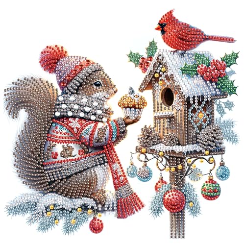 Image of 5D Special Shape Diamond Art Kits for Beginners, Diamond Art Painting Kits for Adults, Crystal Rhinestones Diamond Painting for Home Wall Christmas Decor Gift 11.8x11.8 inch, Christmas Squirrel Bird