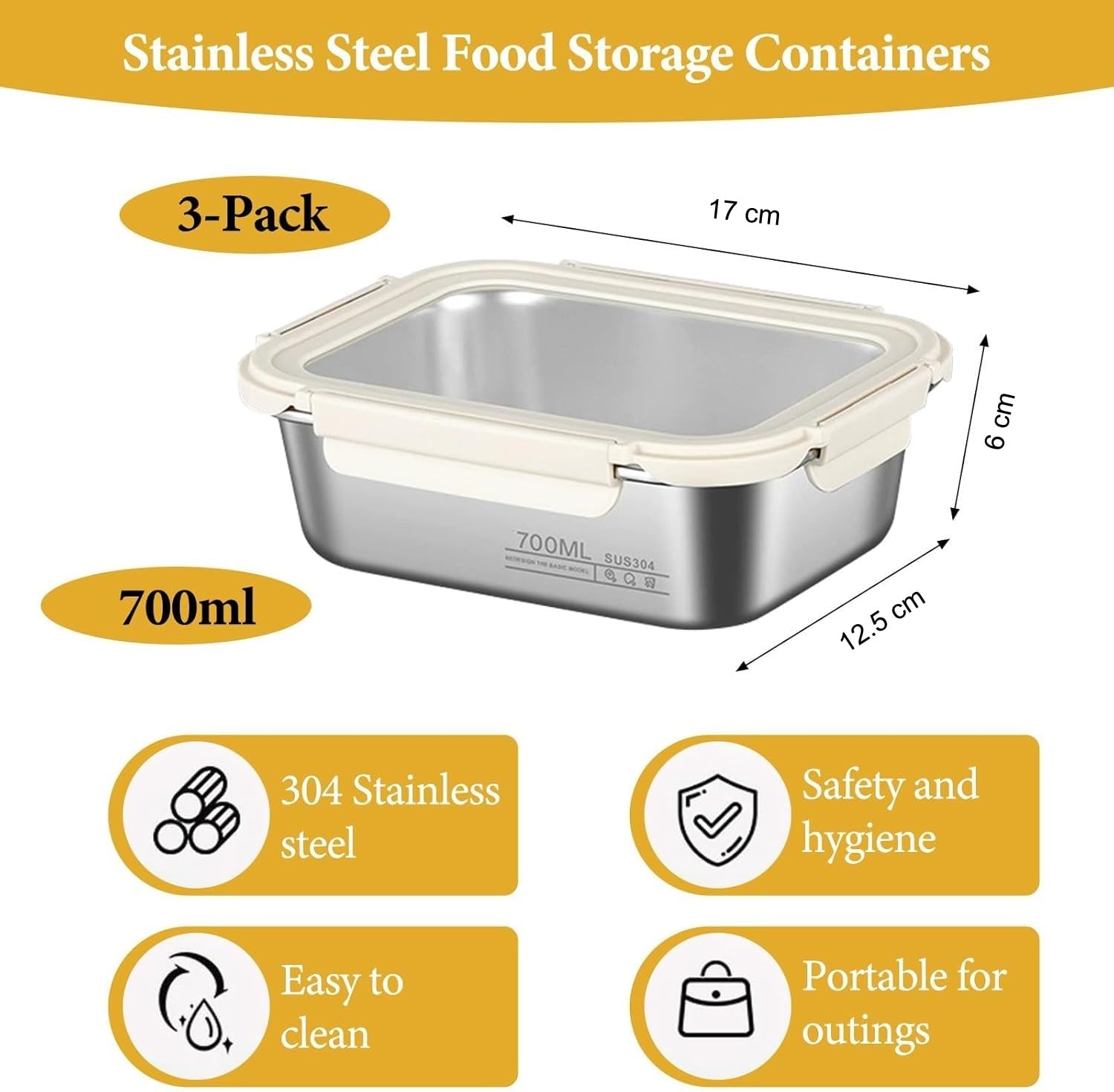 Contenitori per alimenti in acciaio inox con coperchio, confezione da 3 contenitori per alimenti in metallo da 700 ml, ermetici, impilabili, a prova di perdite, per cucina, ufficio, bento, snack