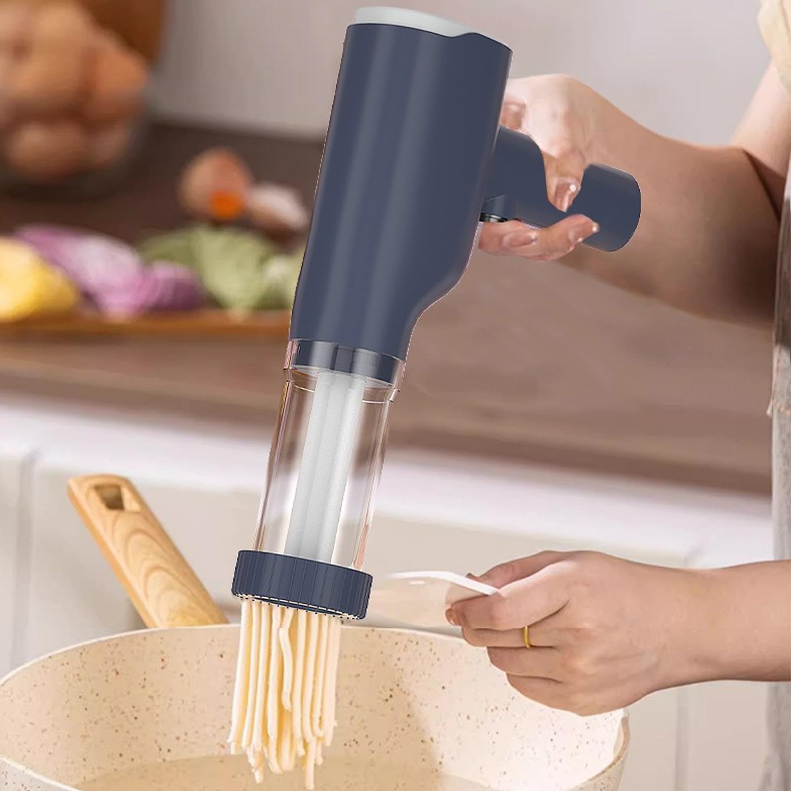 Máquina eléctrica de mano para hacer pasta de 40 W, portátil, con 6 discos de pasta, máquina automática para hacer pasta con taza medidora para lasaña de espaguetis (azul)