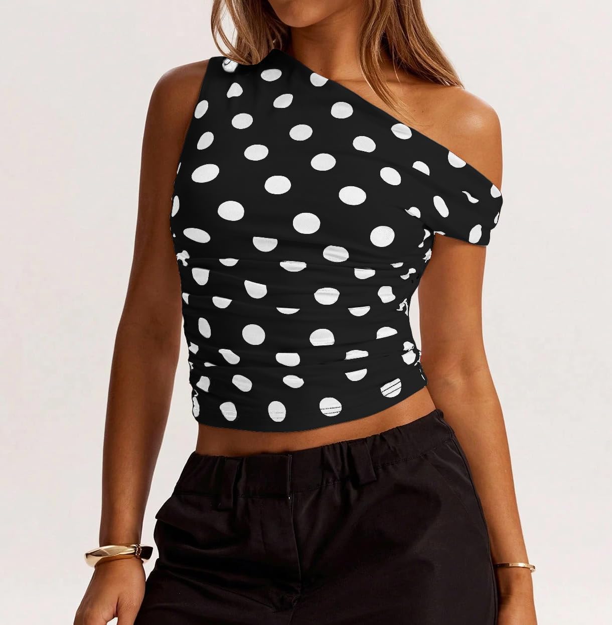 Women Y2k Vintage Polka Dot Asymmetrical Off Shoulder Ruched Crop Tank Tops Slim Fitted Sleeveless Cute Shirts - Image 2