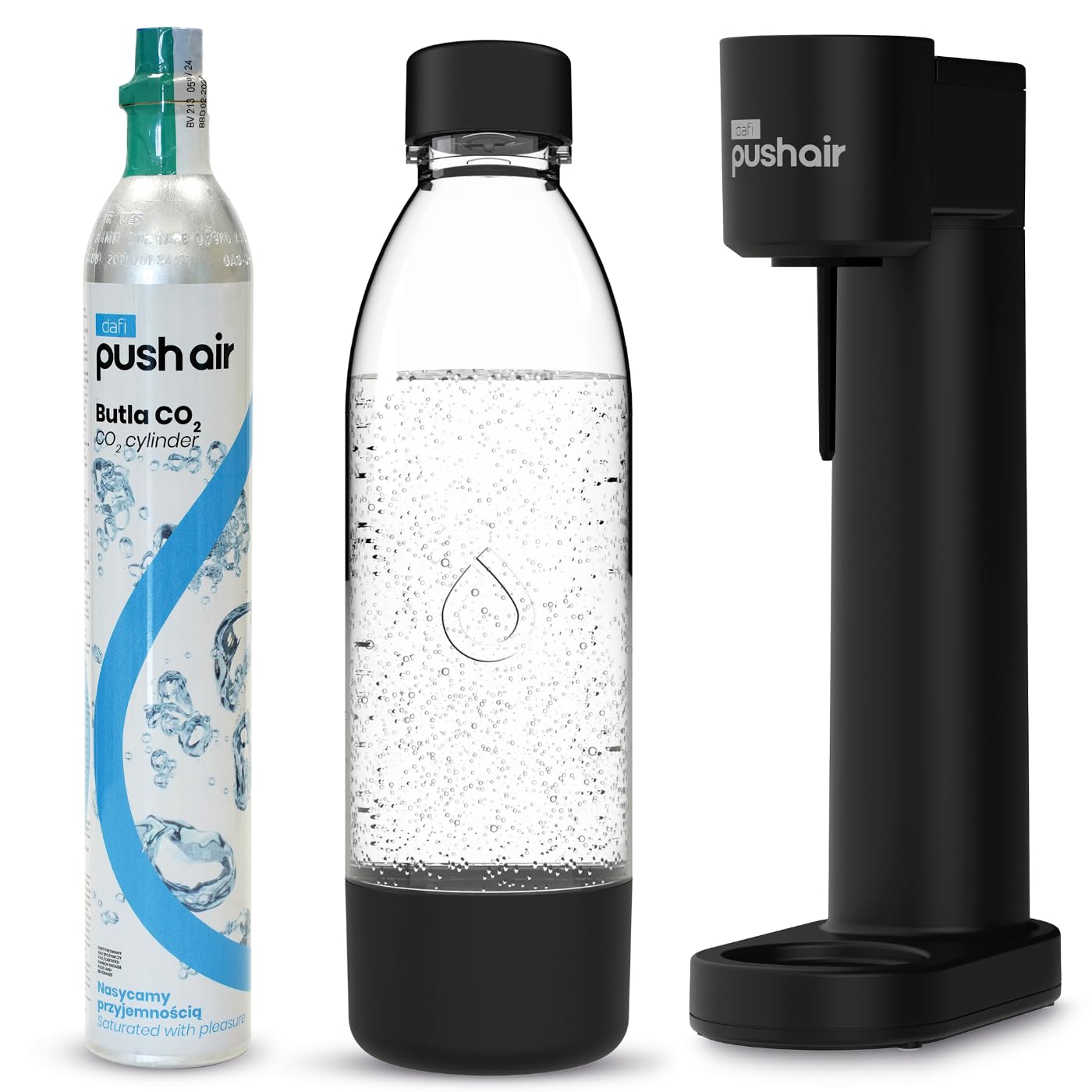 PUSHAIR - Aeratore Dafi nero con sifone + cartuccia di CO2 + bottiglia da 0,7 l, perfetta acqua frizzante in cucina, semplicità e funzionalità
