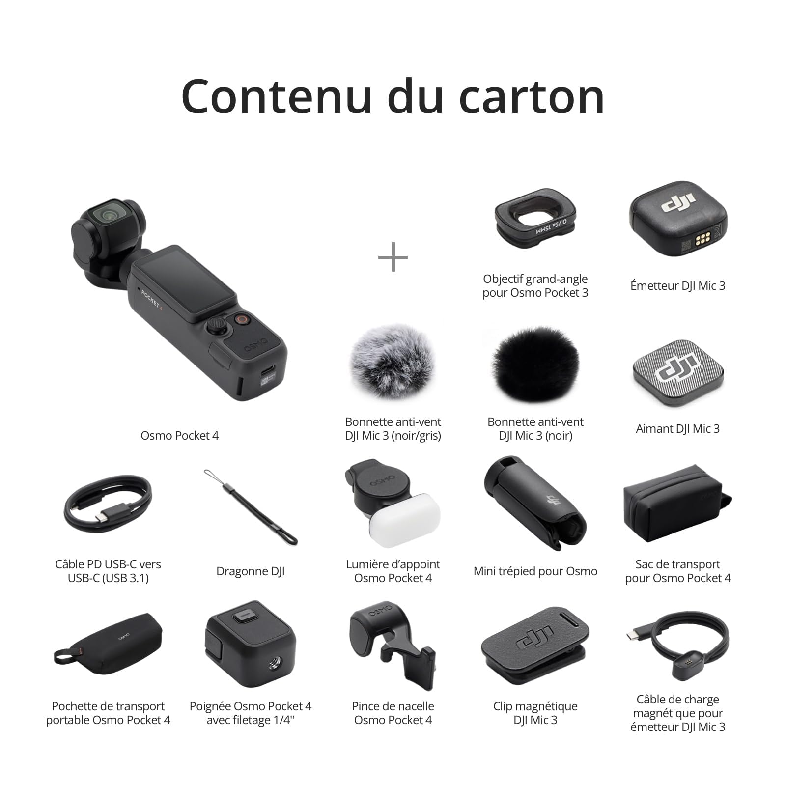 DJI Osmo Pocket 4 Kreativ Combo avec étui de protection, caméra vlog stabilisateur de poche, 3 microphones, capteur CMOS 1 pouce, 4K/240 IPS, mémoire 107 Go