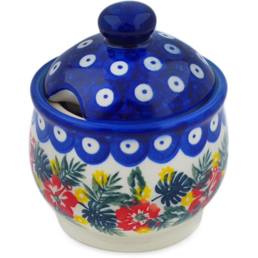 Authentic Polish Pottery Sugar Bowl 9 oz Signature UNIKAT in Tropical Peacock Design Handmade in Boles?awiec Poland by Ceramika Bona + Certificate of Authenticity