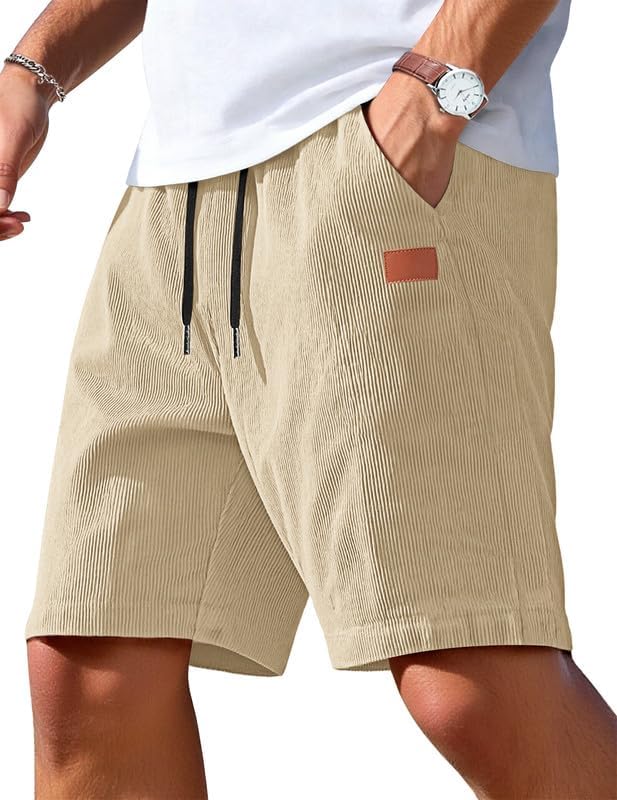 Men's Corduroy Shorts 9 inch Cotton Drawstring Casual Elastic Waist Summer Beach Shorts with Pockets