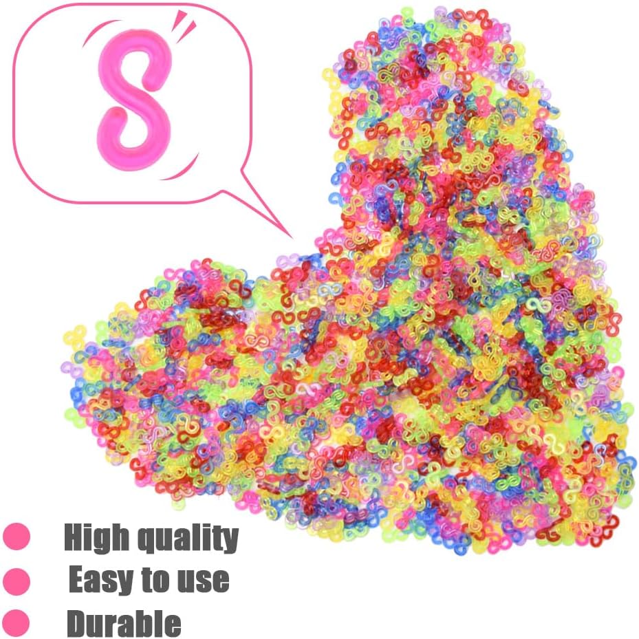 1000Pcs S Clips for Rubber Bands 11mm Loom Bracelets Connectors Plastic Hook Band Clips for Bracelet Making Refill Kit (Colorful/SG)